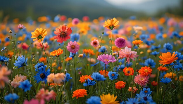 a field of flowers with mountains in the background