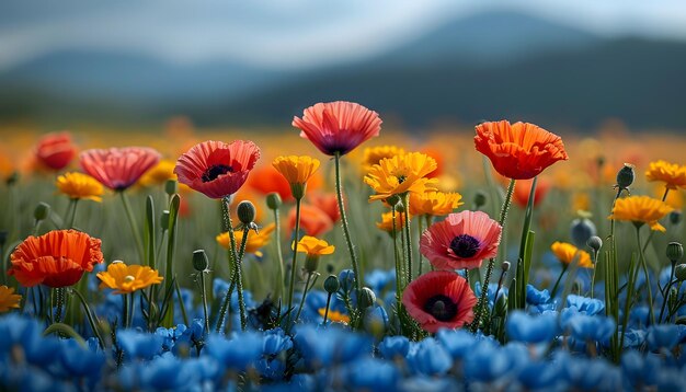 a field of flowers with mountains in the background