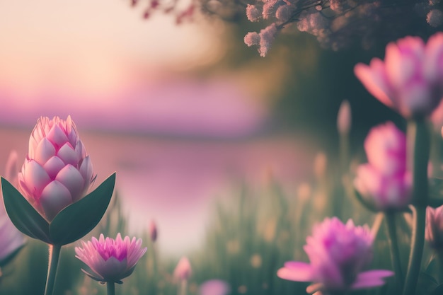 A field of flowers with a pink background