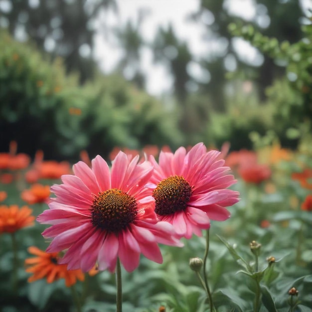 a field of flowers with a pink flower in the middle