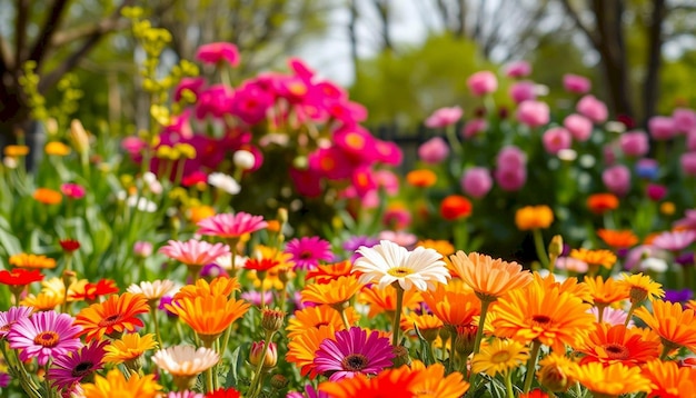 a field of flowers with a pink flower in the middle