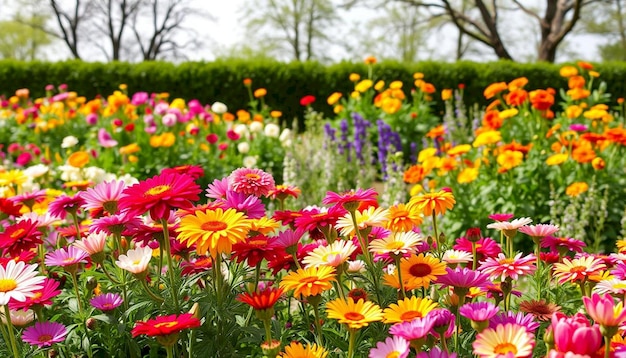 a field of flowers with a purple background and a green hedge behind them