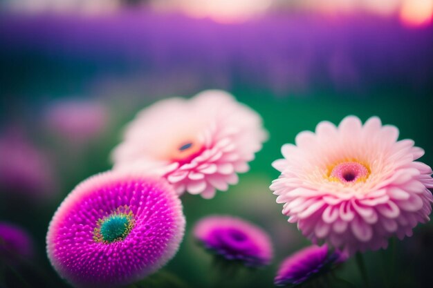 A field of flowers with a purple background