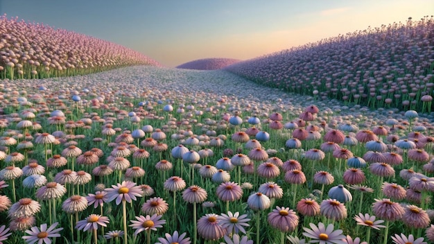 Photo a field of flowers with purple flowers in the middle