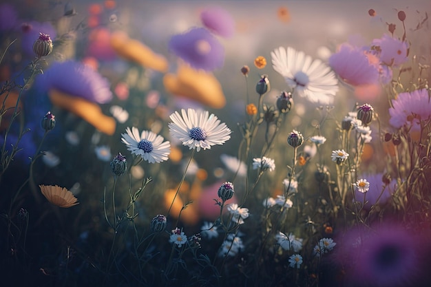 A field of flowers with purple yellow and white flowers