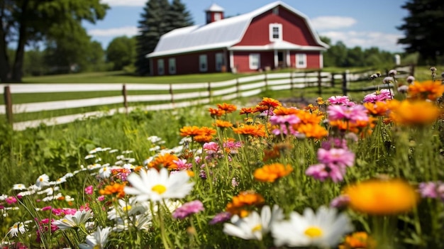 a field of flowers with a red barn in the background