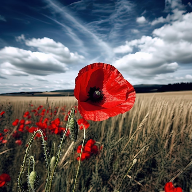 A field of flowers with a red poppy