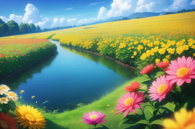 A field of flowers with a river in the background