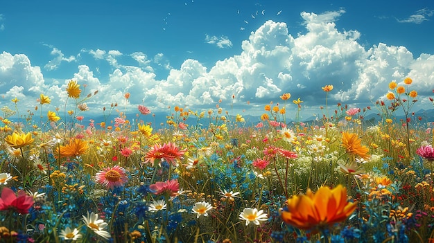 a field of flowers with the sky in the background