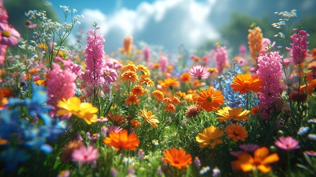 a field of flowers with a sky in the background