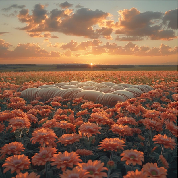 a field of flowers with a sky in the background