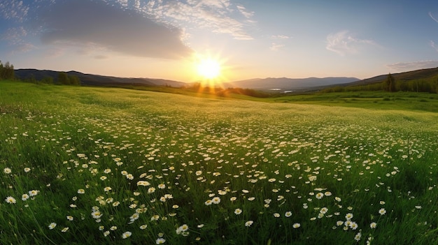 A field of flowers with the sun setting behind it