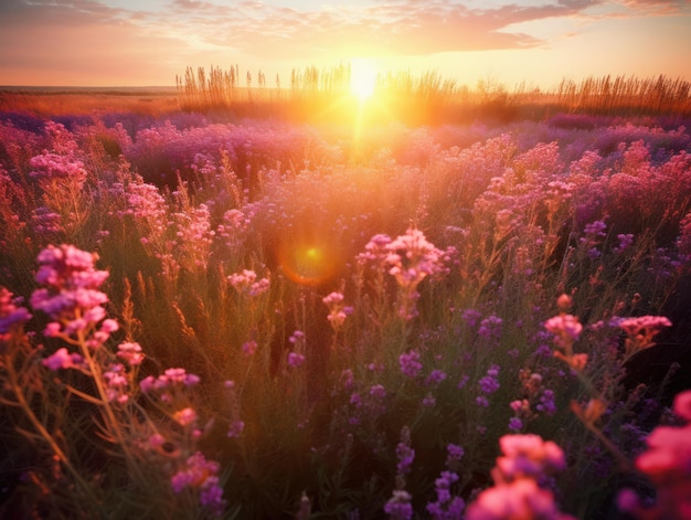 A field of flowers with the sun setting behind it