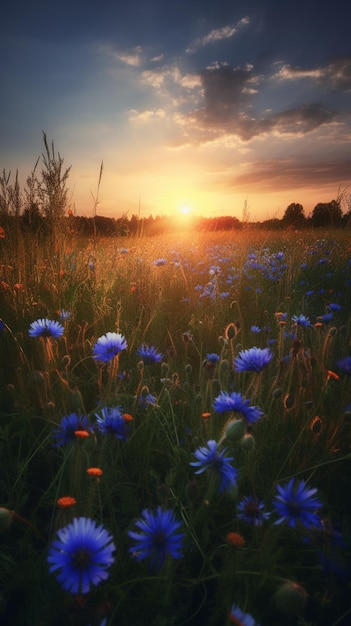 A field of flowers with the sun setting behind it