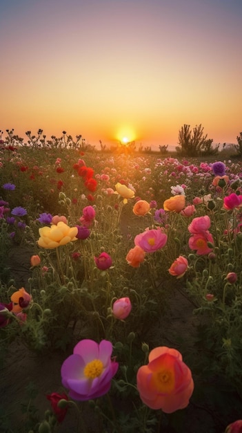 A field of flowers with the sun setting behind it