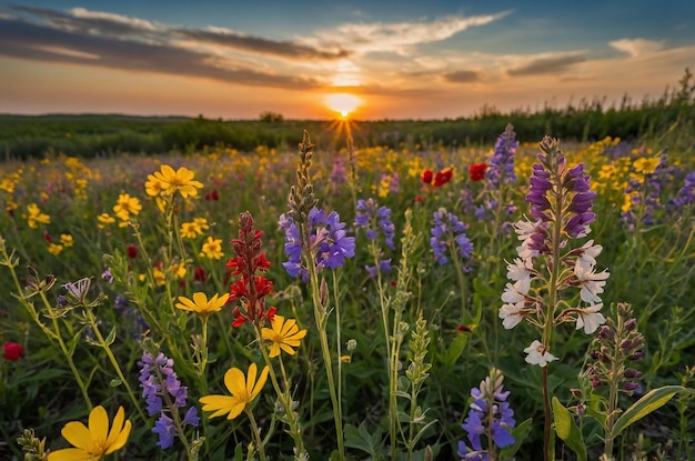 a field of flowers with the sun setting behind them