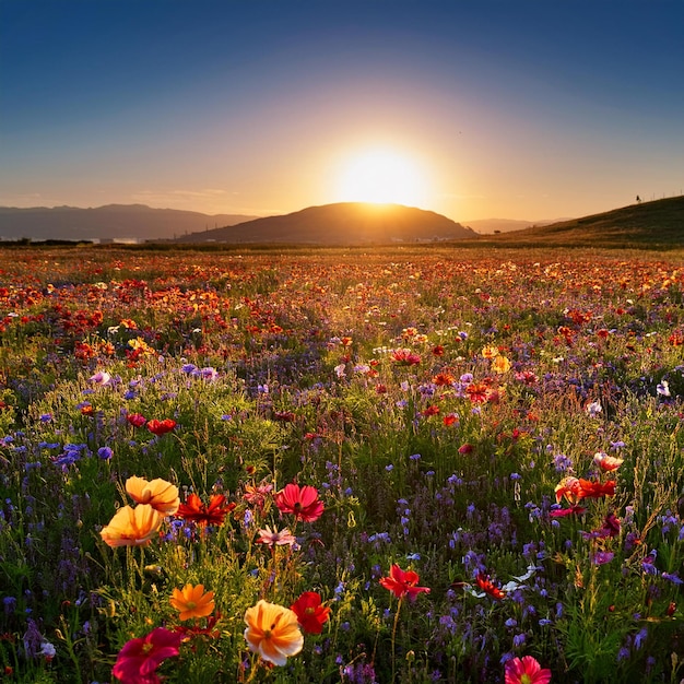 a field of flowers with the sun setting behind them