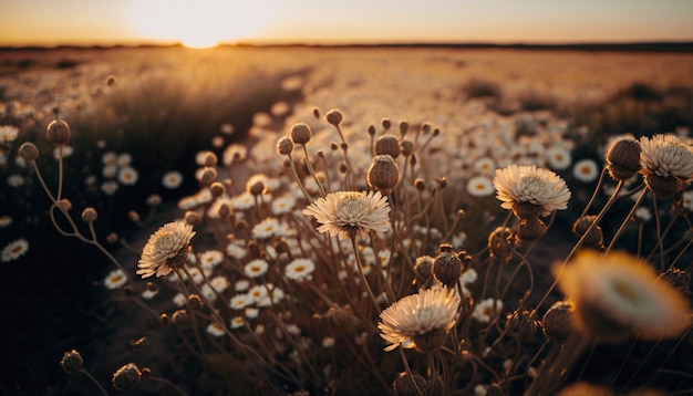 A field of flowers with the sun setting behind them