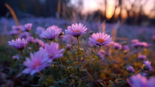 A field of flowers with the sun setting behind them