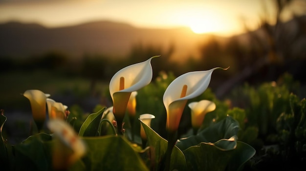 A field of flowers with the sun setting behind themgenerative ai