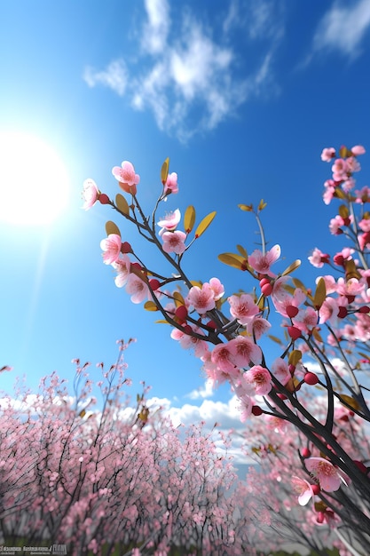 A field of flowers with the sun shining in the background