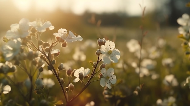 A field of flowers with the sun shining on the flowers