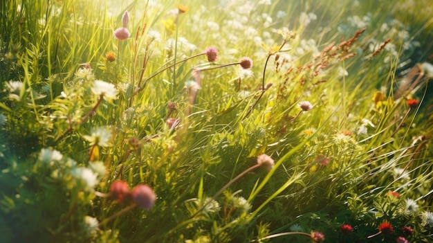 A field of flowers with a sun shining on the grass