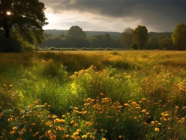 A field of flowers with the sun shining on it