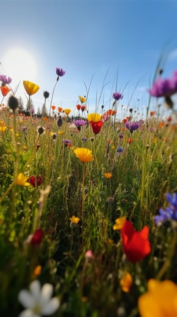 A field of flowers with the sun shining on it