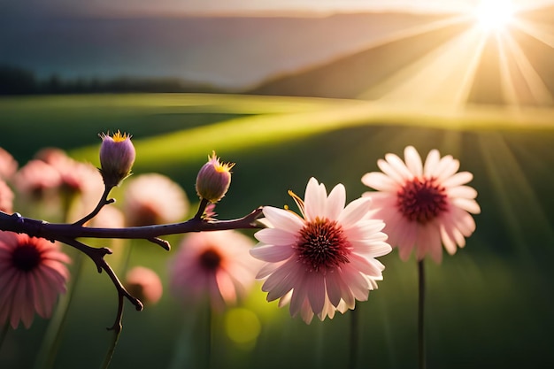 A field of flowers with the sun shining on them