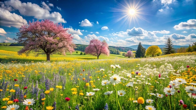 Photo a field of flowers with the sun shining through the clouds