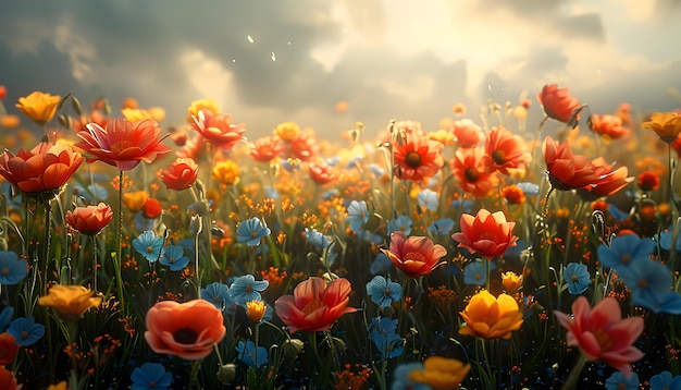 a field of flowers with the sun shining through the clouds