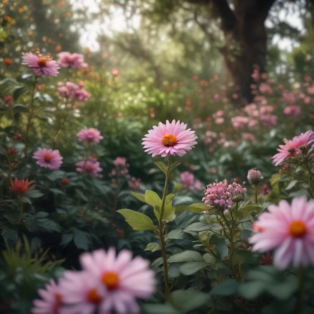 a field of flowers with the sun shining through the leaves