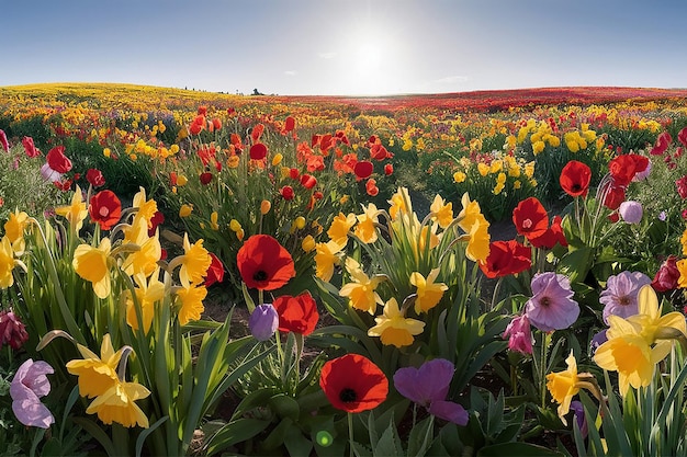 a field of flowers with the sun shining through them