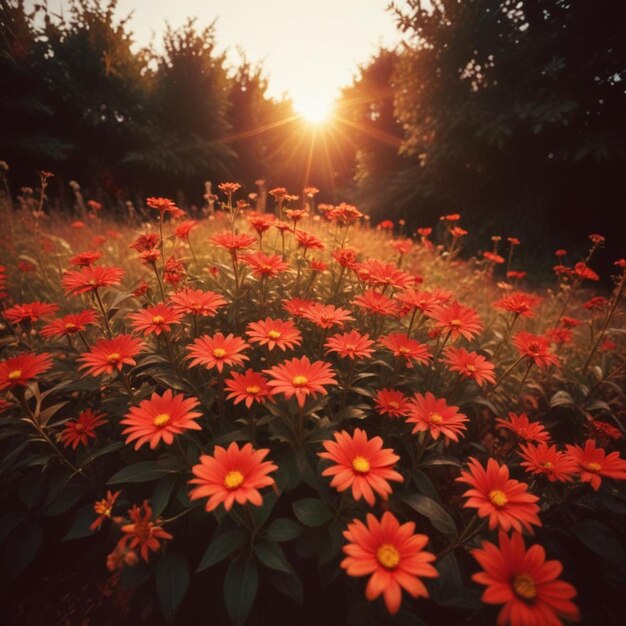 Photo a field of flowers with the sun shining through the trees