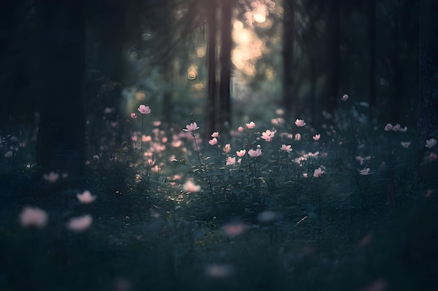 Photo a field of flowers with the sun shining through the trees