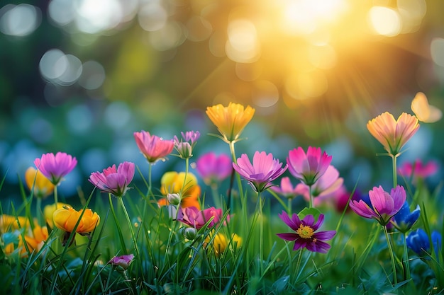 a field of flowers with the sun behind them