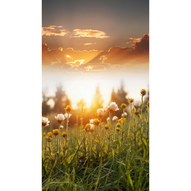 Photo a field of flowers with the sun behind them