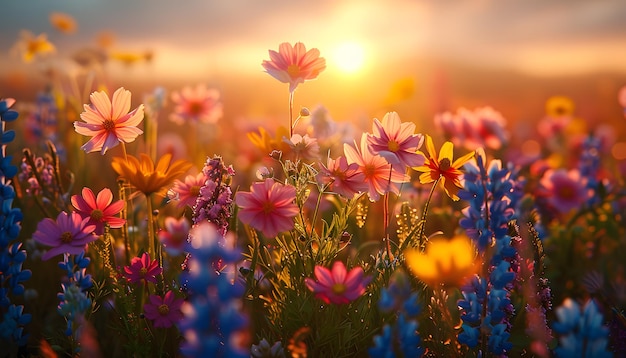 a field of flowers with the sun behind them