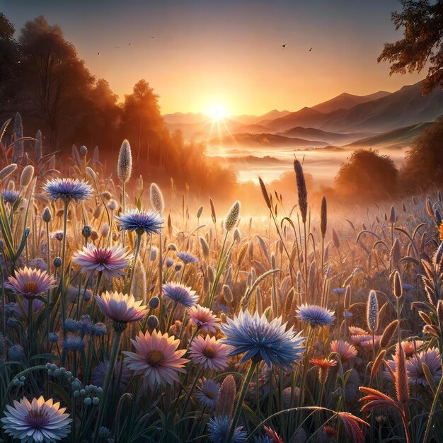 a field of flowers with the sunrise in the background