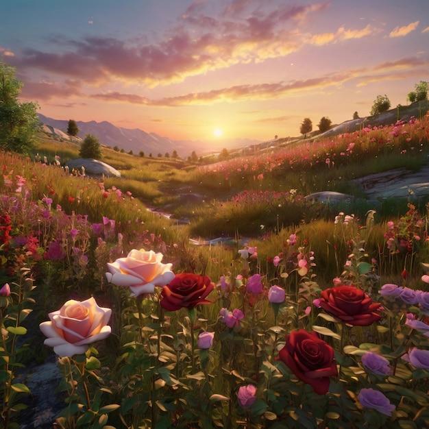 a field of flowers with a sunset in the background