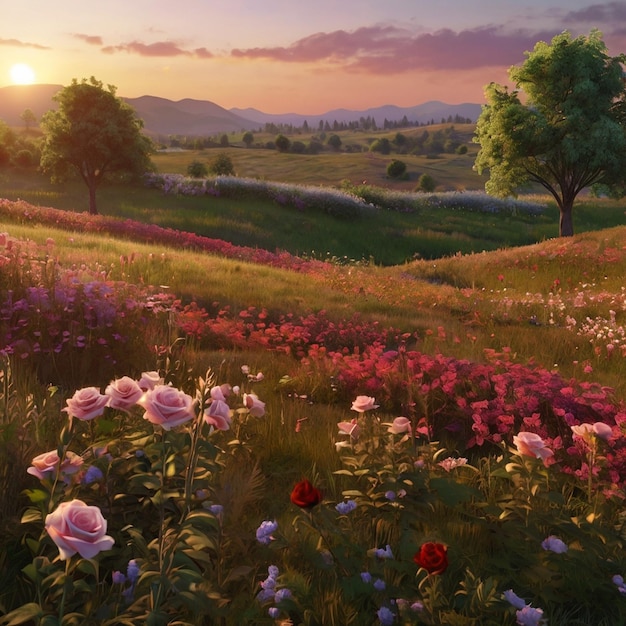 a field of flowers with a sunset in the background