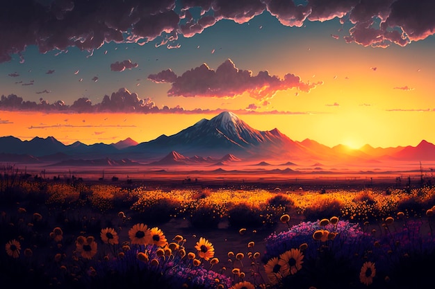 A field of flowers with the sunset in the background