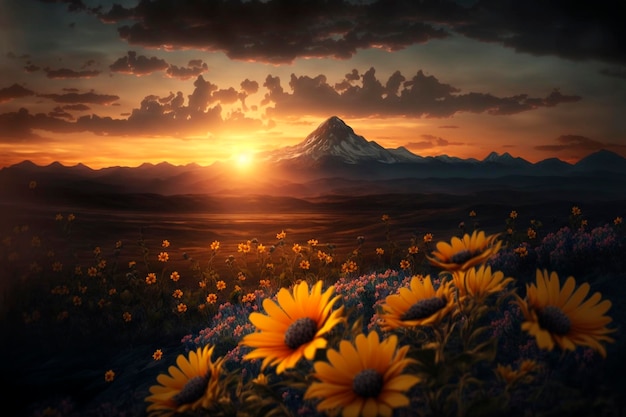 A field of flowers with the sunset in the background