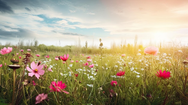 A field of flowers with a sunset in the background