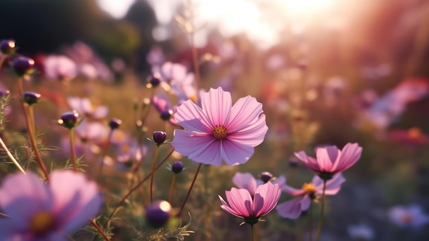 A field of flowers with a sunset in the background