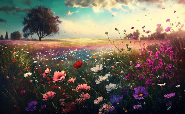 A field of flowers with a tree in the background