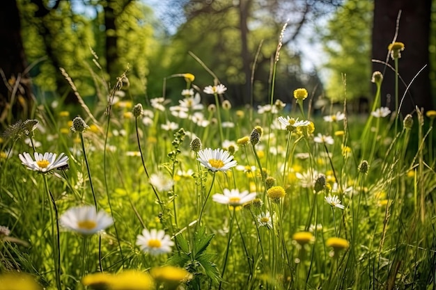 a field of flowers with trees in the background