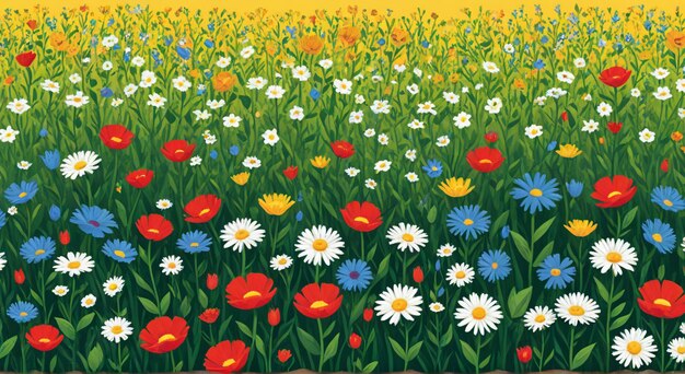 a field of flowers with a yellow background with a red and white flower