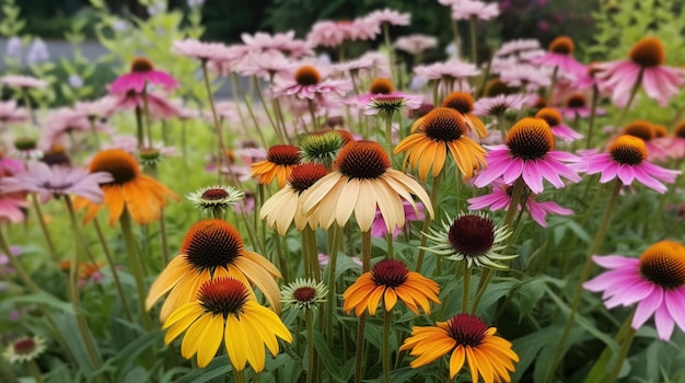 A field of flowers with a yellow center and a pink center.